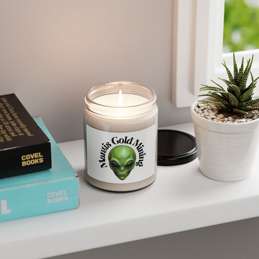Green Alien Logo Mantis Gold Mining Candle