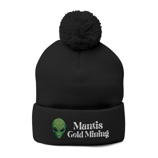 Green Alien Skull embroidery Pom-Pom Knit Cap | Mantis Gold Mining