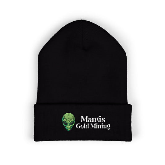 Green Alien Head Mantis Gold Mining Beanie | Embroidered Cuffed Beanie